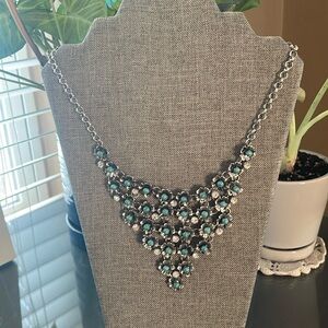 Silvertone Bib Necklace with Turquoise Stones and Swarovski Crystals, Adjustable